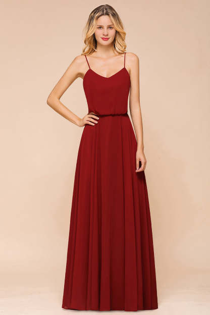 Rust Spaghetti-Starps Long Chiffon Bridesmaid Dresses Online-Babyonlines