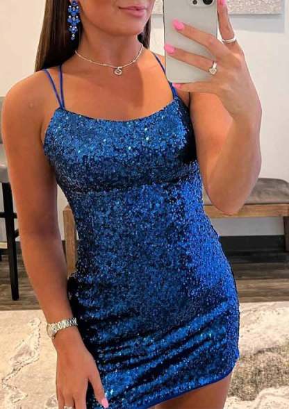 Sequined Homecoming Dress - Sheath/Column Scoop Neck Sleeveless Short/Mini - Babyonlines