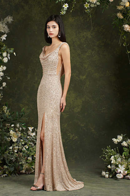 Sequins Mermaid Bridesmaid Dress Split With Drop Back-Babyonlines