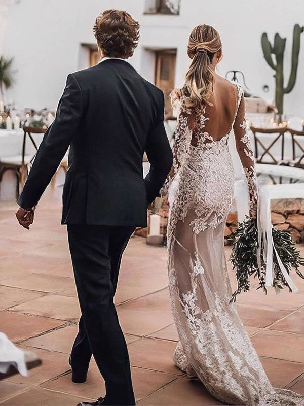 Sheath Column Illusion Tulle Wedding Dress with Appliques Lace