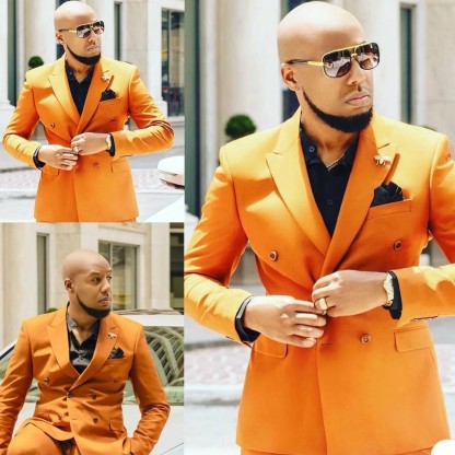 Shining Orange Evening Suit for Men with Peaked Lapel