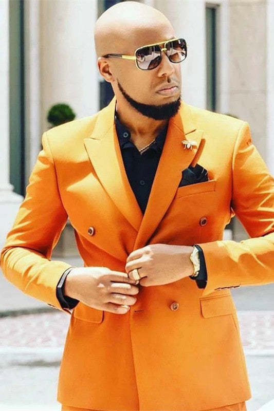 Shining Orange Evening Suit for Men with Peaked Lapel