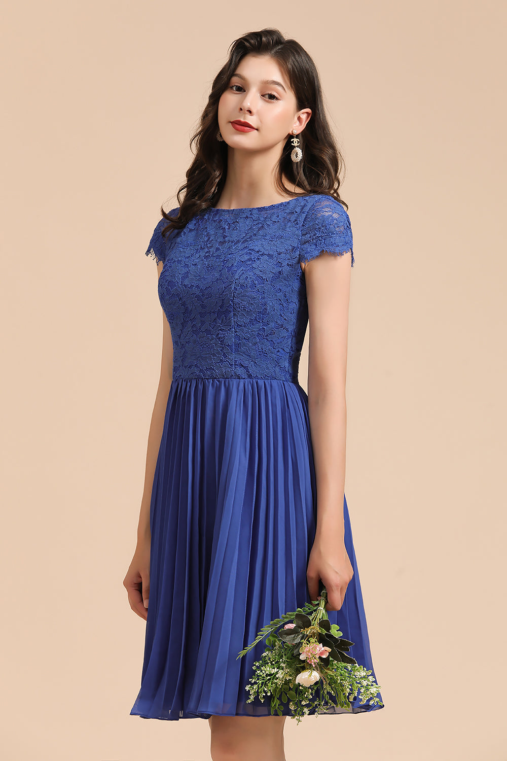Short Sleeve Royal Blue Lace Junior Bridesmaid Dress-Babyonlines