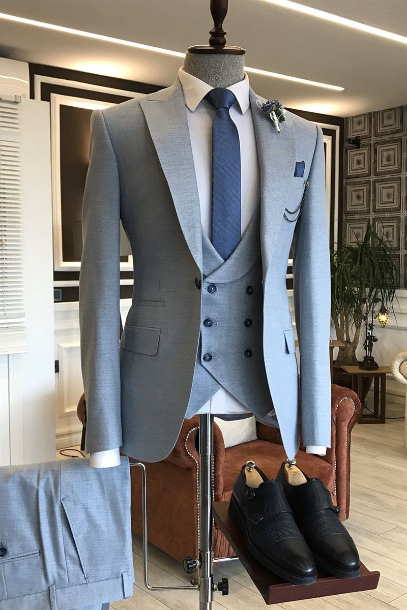 Simple Double-Breasted Blue Bespoke Suit with Three Pieces