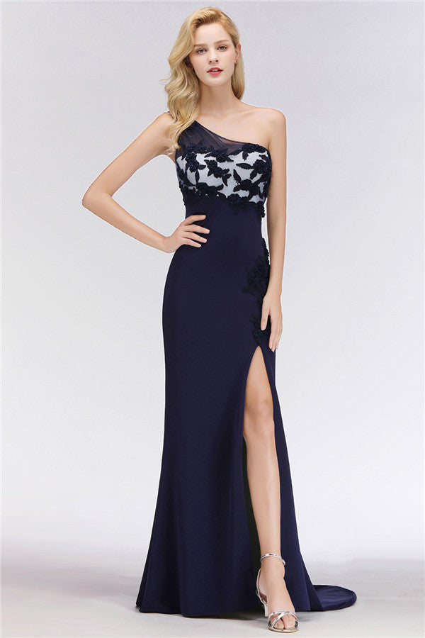 Simple Mermaid One-Shoulder Navy Bridesmaid Dresses with Slit-Babyonlines