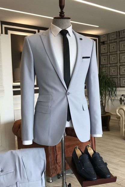 Simple One-Button Silver Western Wedding Suit with Peaked Lapel