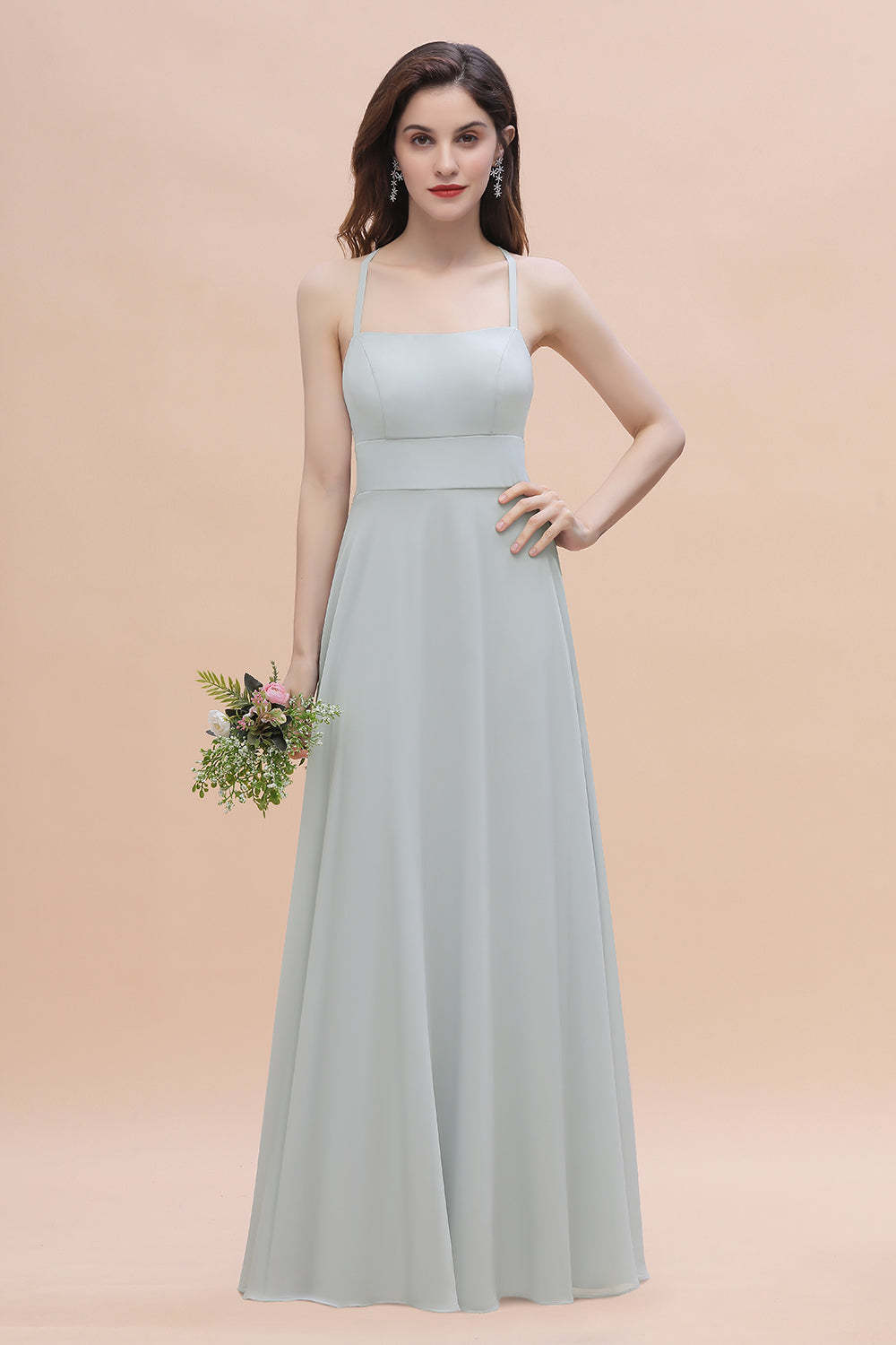 Simple Straps A-line Chiffon Mist Bridesmaid Dress with Ruffles Online-Babyonlines