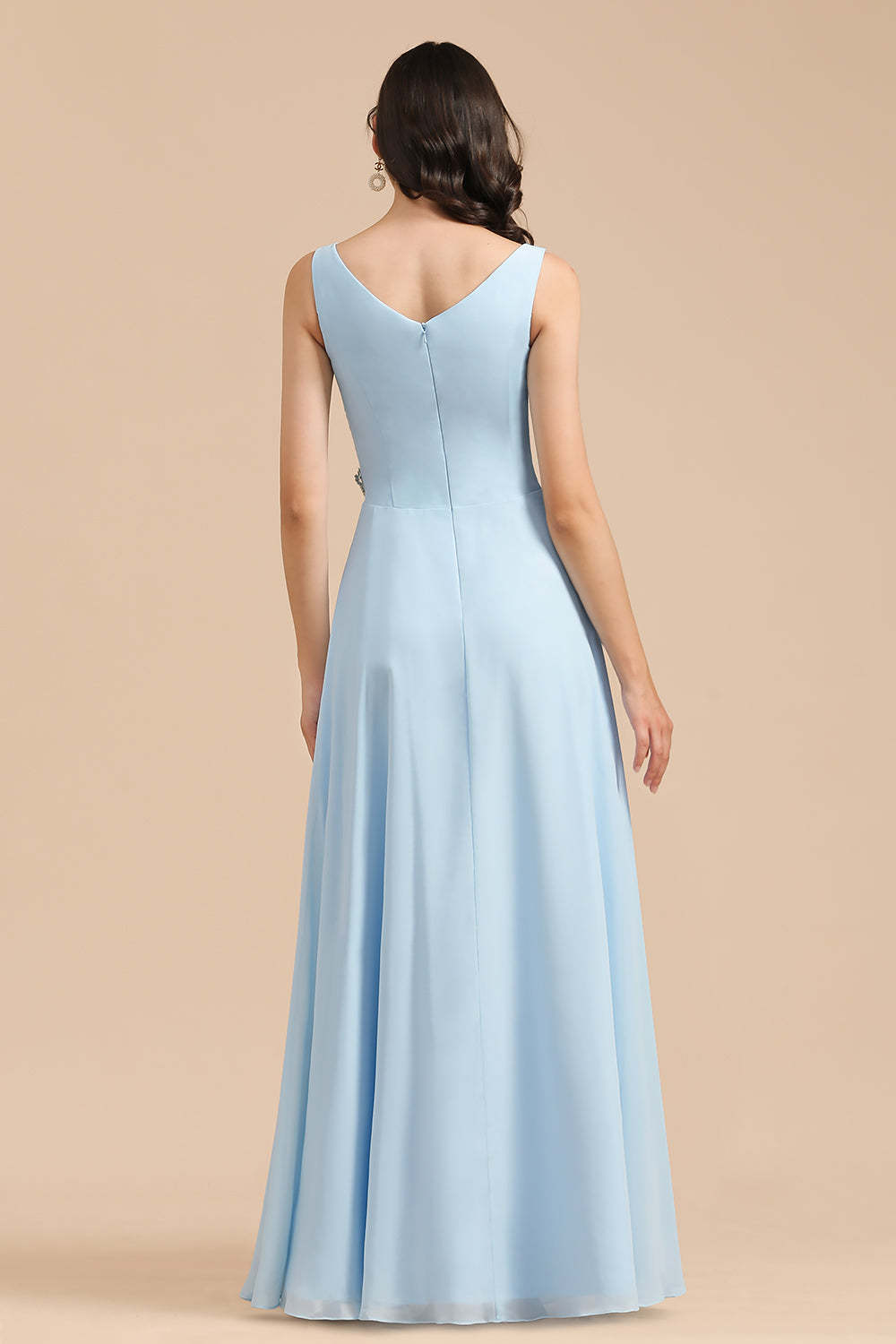 Sky Blue Chiffon Long Bridesmaid Dress Ruched-Babyonlines