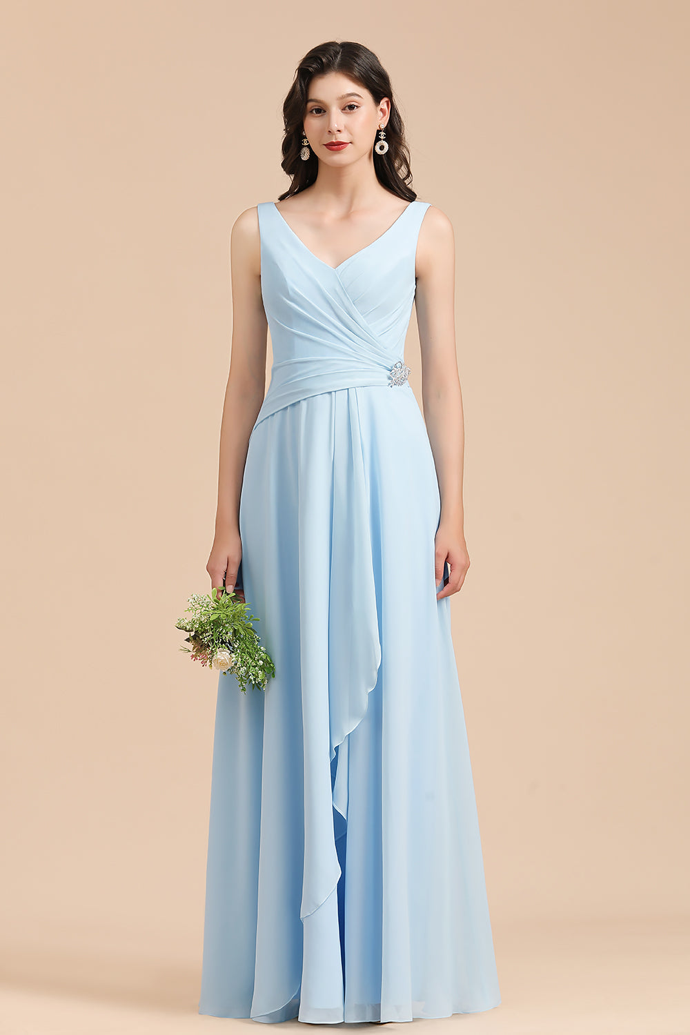 Sky Blue Chiffon Long Bridesmaid Dress Ruched-Babyonlines
