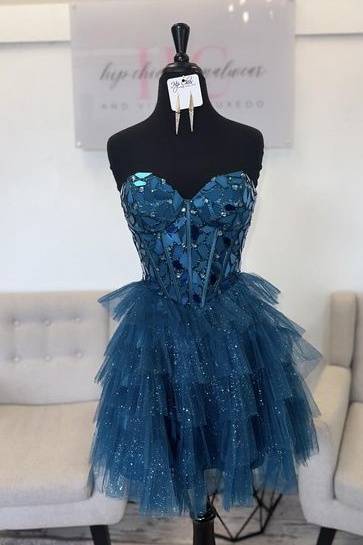 Strapless A-Line Ruffle Homecoming Dress with Mirror Sequin