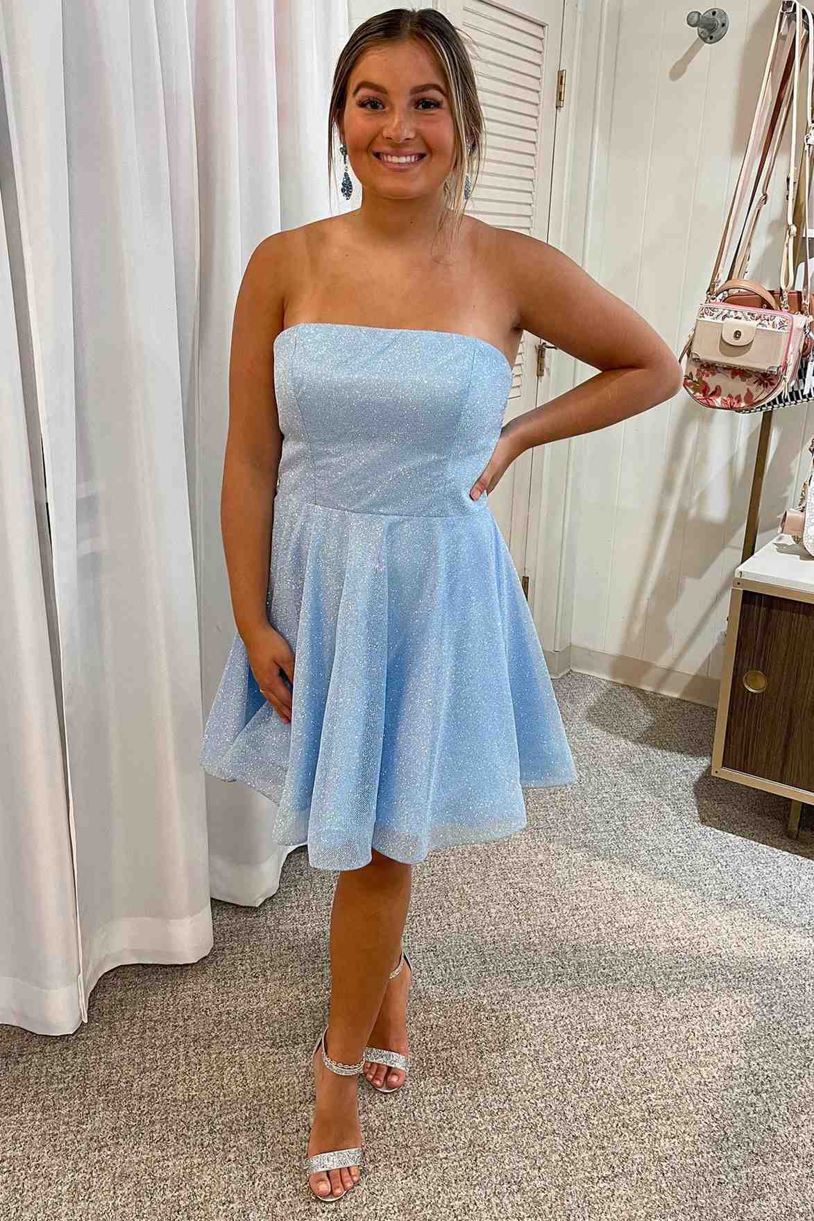 Strapless Light Blue A-Line Short Party Dress