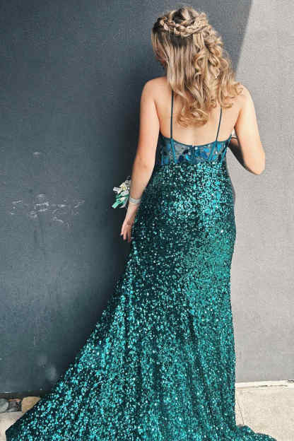 Straps Black V-Neck Mirror Sequin Long Prom Dress