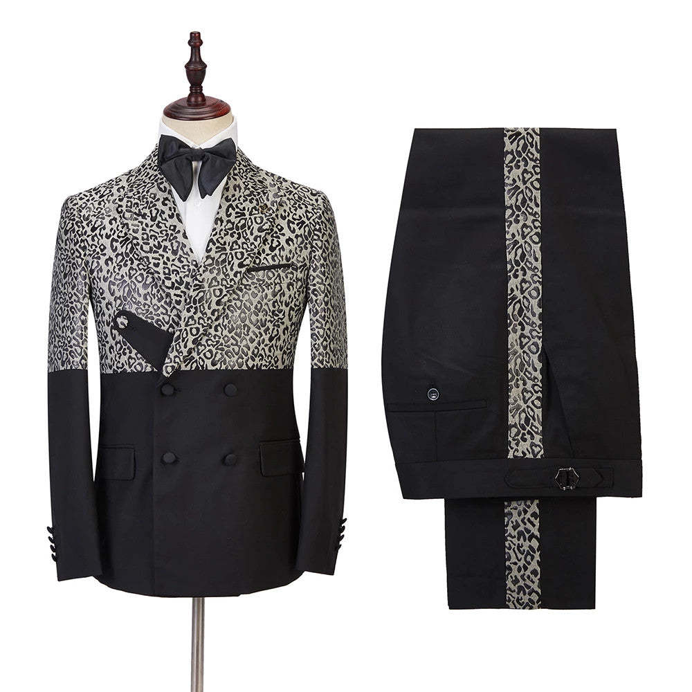 Stylish Black Leopard Print Double-Breasted Outfit for Men