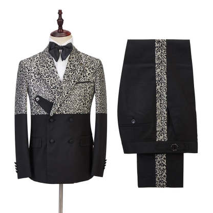 Stylish Black Leopard Print Double-Breasted Outfit for Men