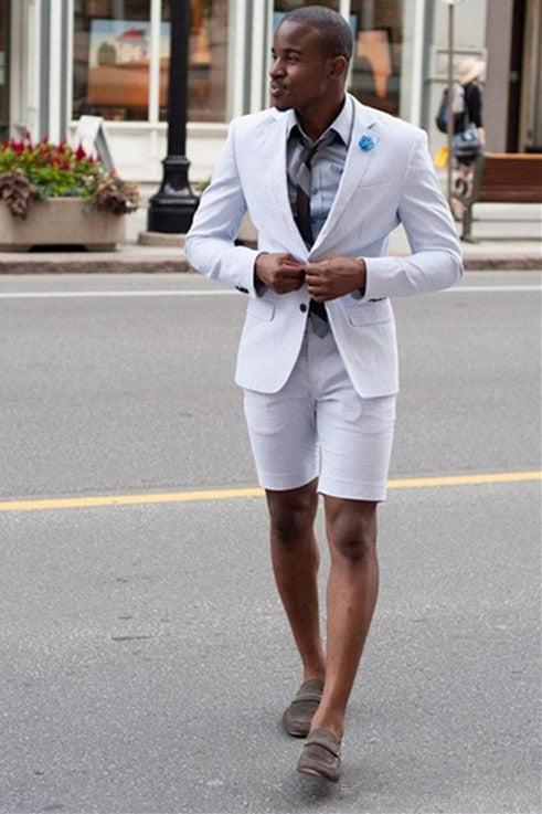Stylish White Party Evening Suit with Notched Lapel and Short Pants