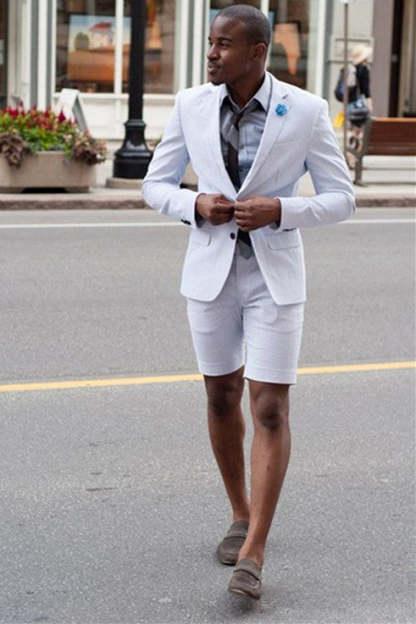 Stylish White Party Evening Suit with Notched Lapel and Short Pants