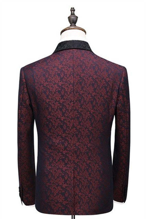 Three-Piece Burgundy Check Design Slim Fit Suit with One Button
