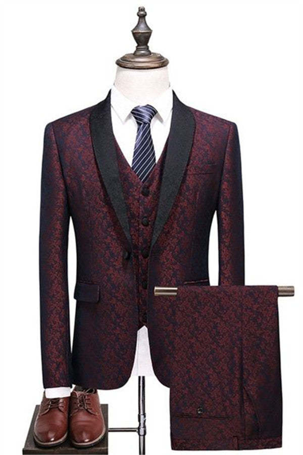 Three-Piece Burgundy Check Design Slim Fit Suit with One Button