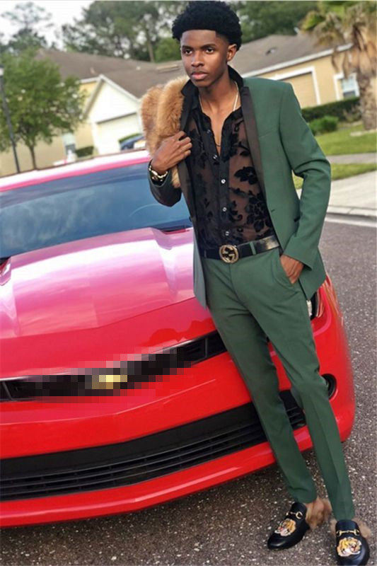 Two-Piece Dark Green Business Suit with Black Silk Shawl