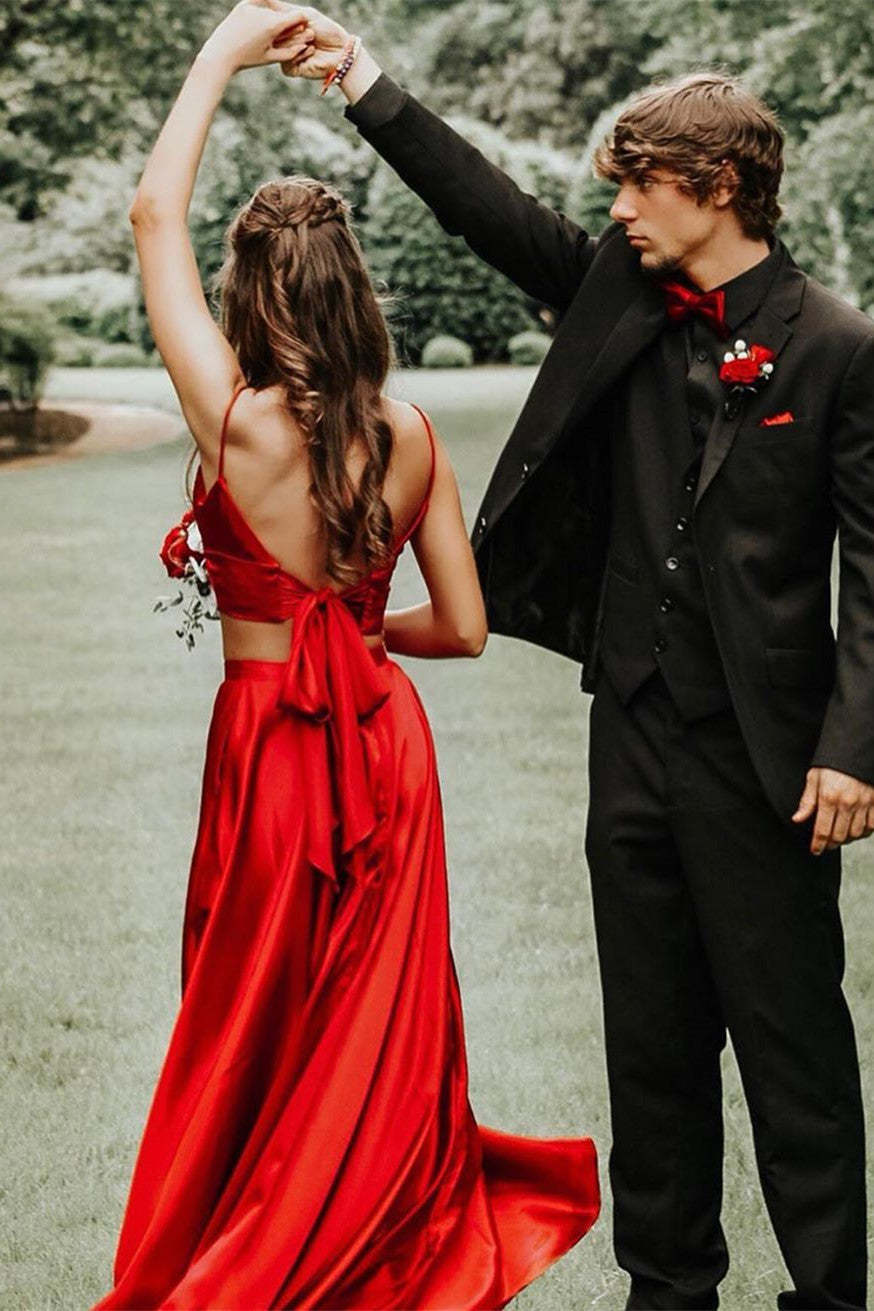 Two Piece Straps Lavender Long Prom Dress with Bowknot Back