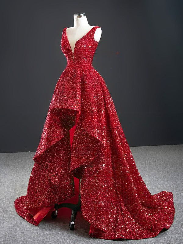 Hi-Lo A-line V-neck Glitter Sleeveless Asymmetrical Prom Dress Bridesmaidress UK