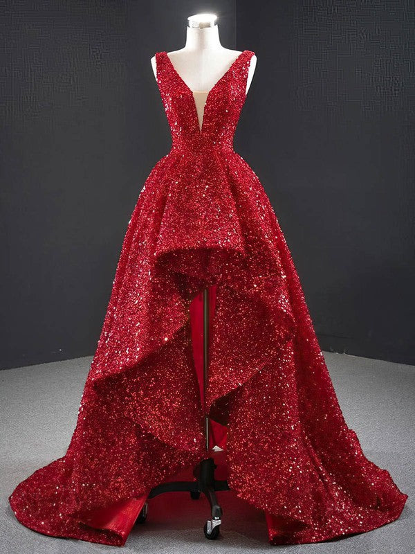 Hi-Lo A-line V-neck Glitter Sleeveless Asymmetrical Prom Dress Bridesmaidress UK