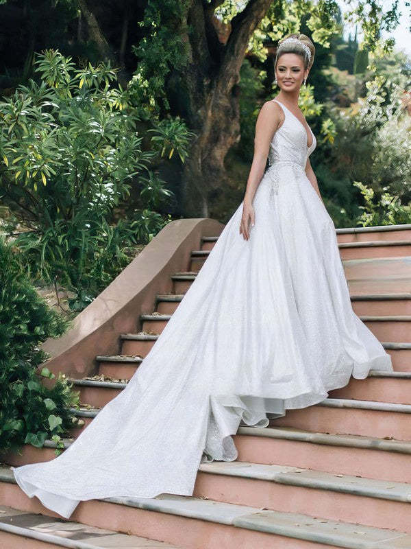 V-neck Glitter Court Train Wedding Dresses With Beading for Ball Gown