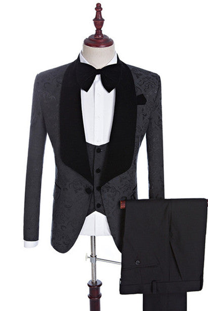 Xander Black Jacquard Three-Piece Shawl Lapel Wedding Suit for Men?��s Events