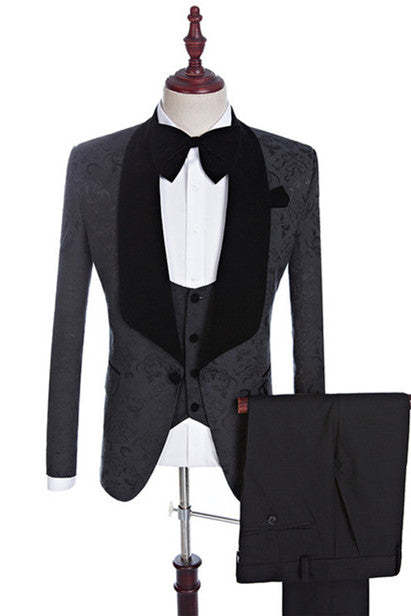 Xander Black Jacquard Three-Piece Shawl Lapel Wedding Suit for Men?��s Events
