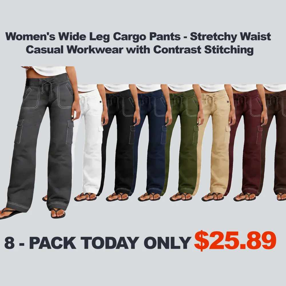 Women's Wide Leg Cargo Pants - Stretchy Waist Casual Workwear with Contrast Stitching
