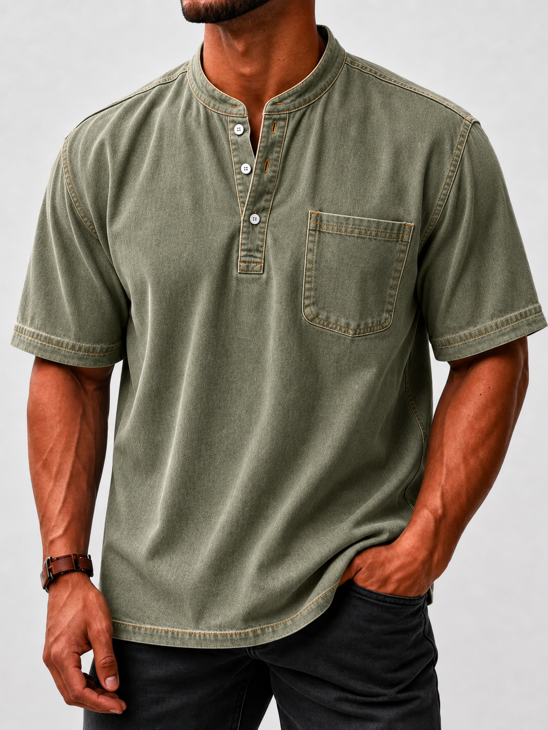 8-Piece Men's Washed Stand Collar Henley Shirts, Short Sleeve Relaxed Fit Pocket Tops