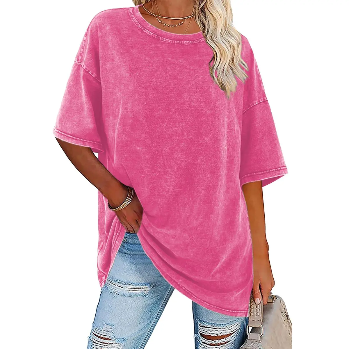 Women's cotton acid wash t-shirt side outfit view