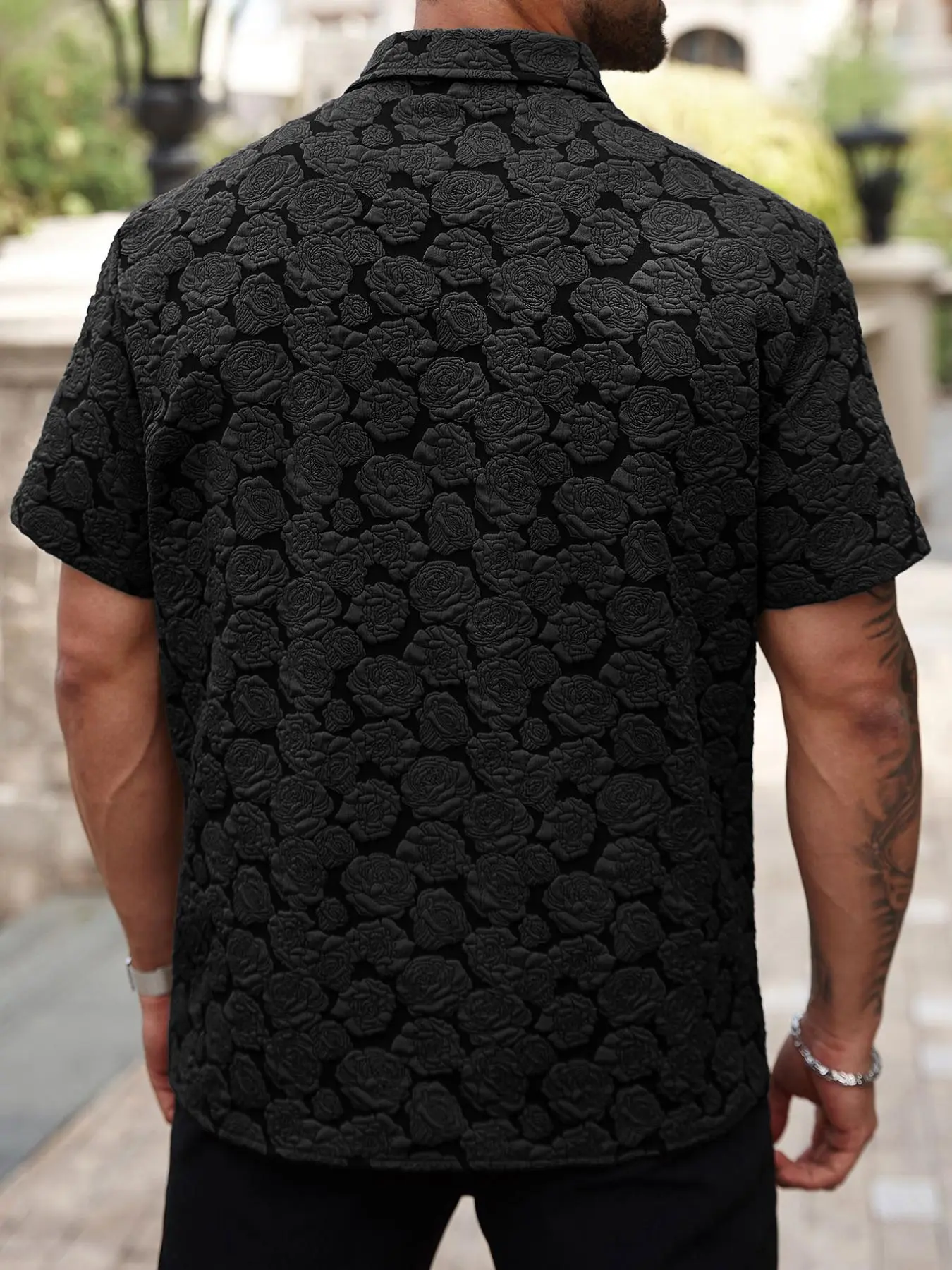Men's Loose Rose Print Short Sleeve Shirt, Soft Comfy Button Front Collared Top for Summer