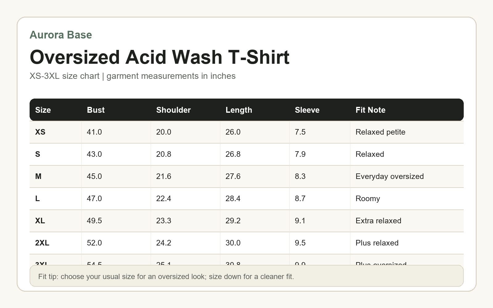 Aurora Base Women's Oversized Acid Wash T-Shirt XS to 3XL size chart