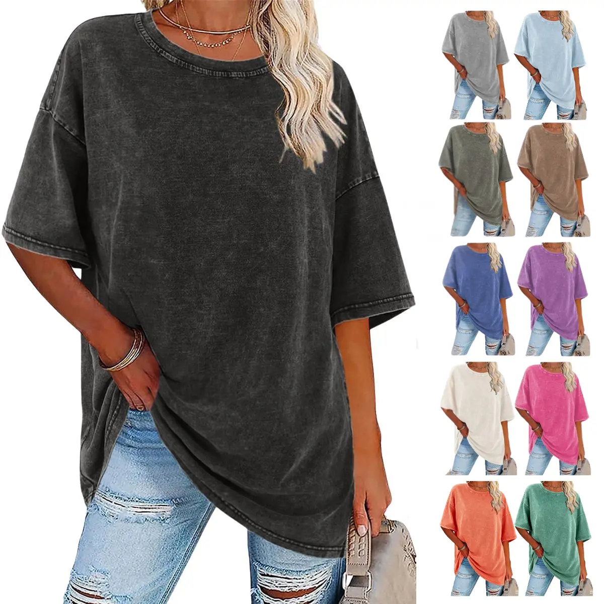 Women's cotton acid wash t-shirt front outfit view