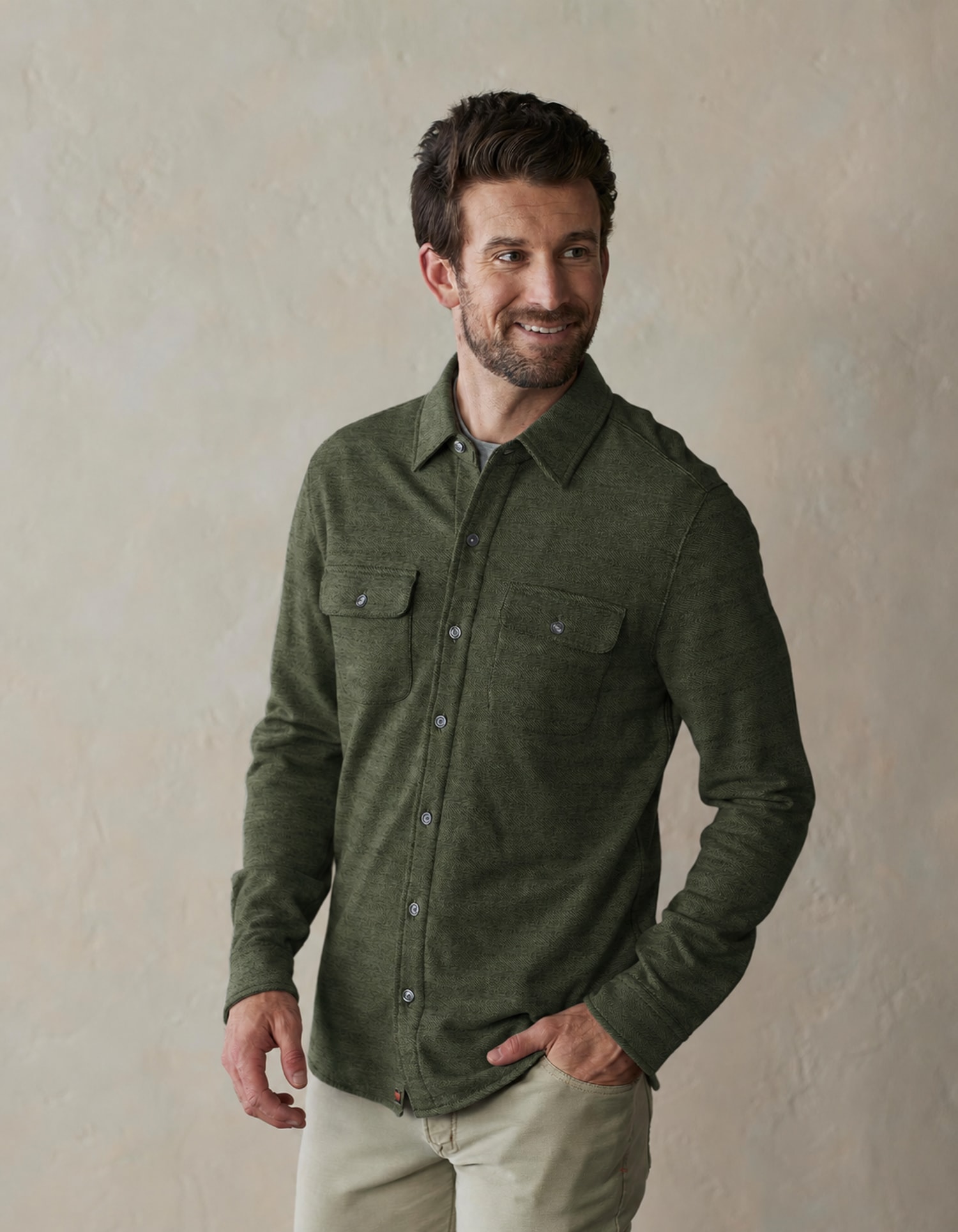 Aurora Base Men's Textured Knit Shirt - Forest Olive colorway front wearing view