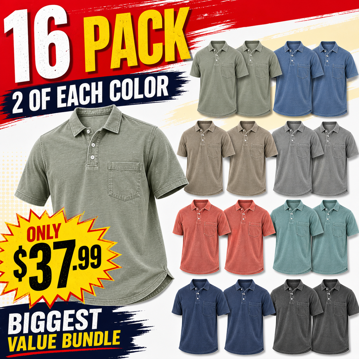 8-Piece Men's Washed Cotton Blend Pocket Polo Shirts, Lightweight Breathable 3-Button Relaxed Fit