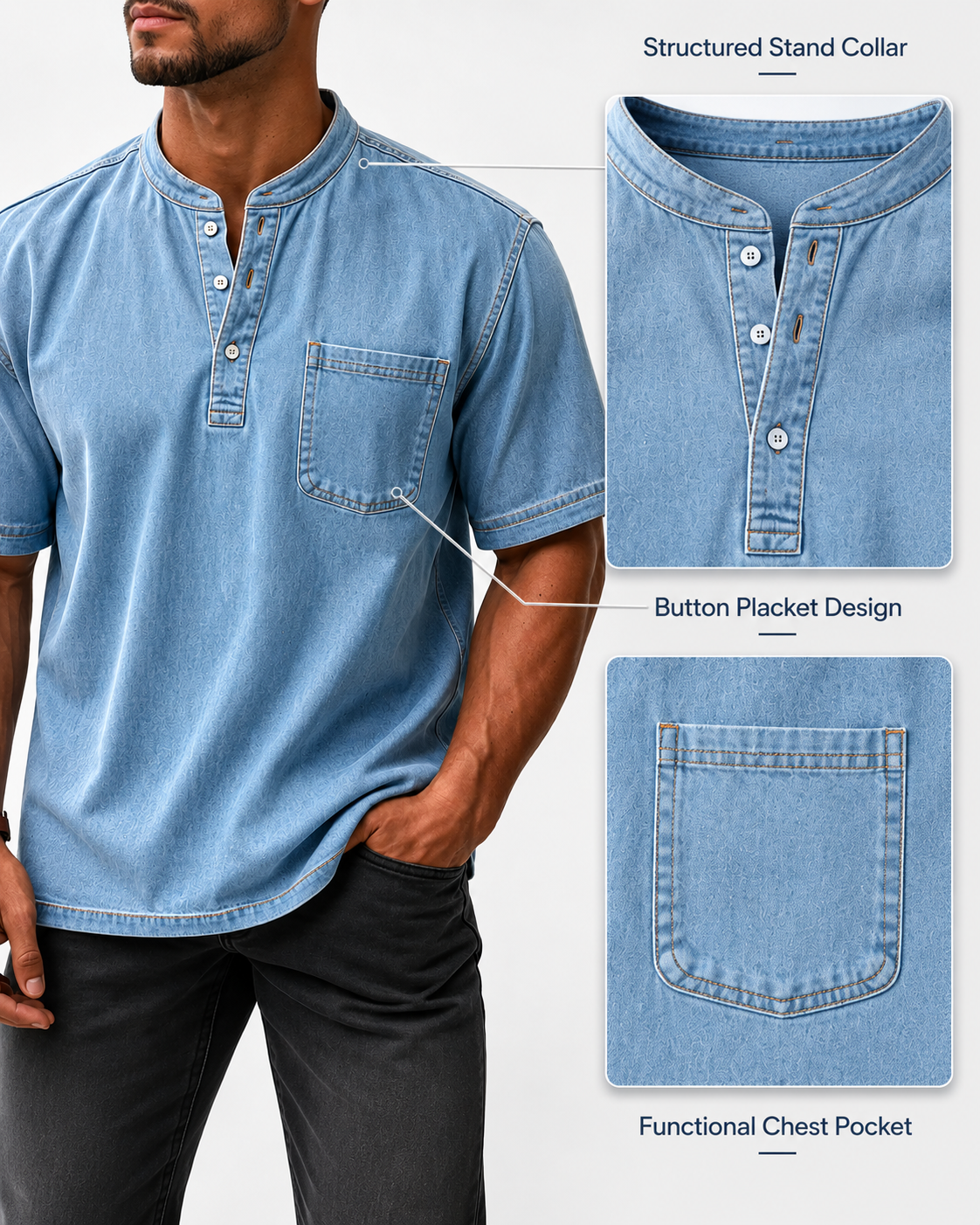 8-Piece Men's Washed Stand Collar Henley Shirts, Short Sleeve Relaxed Fit Pocket Tops