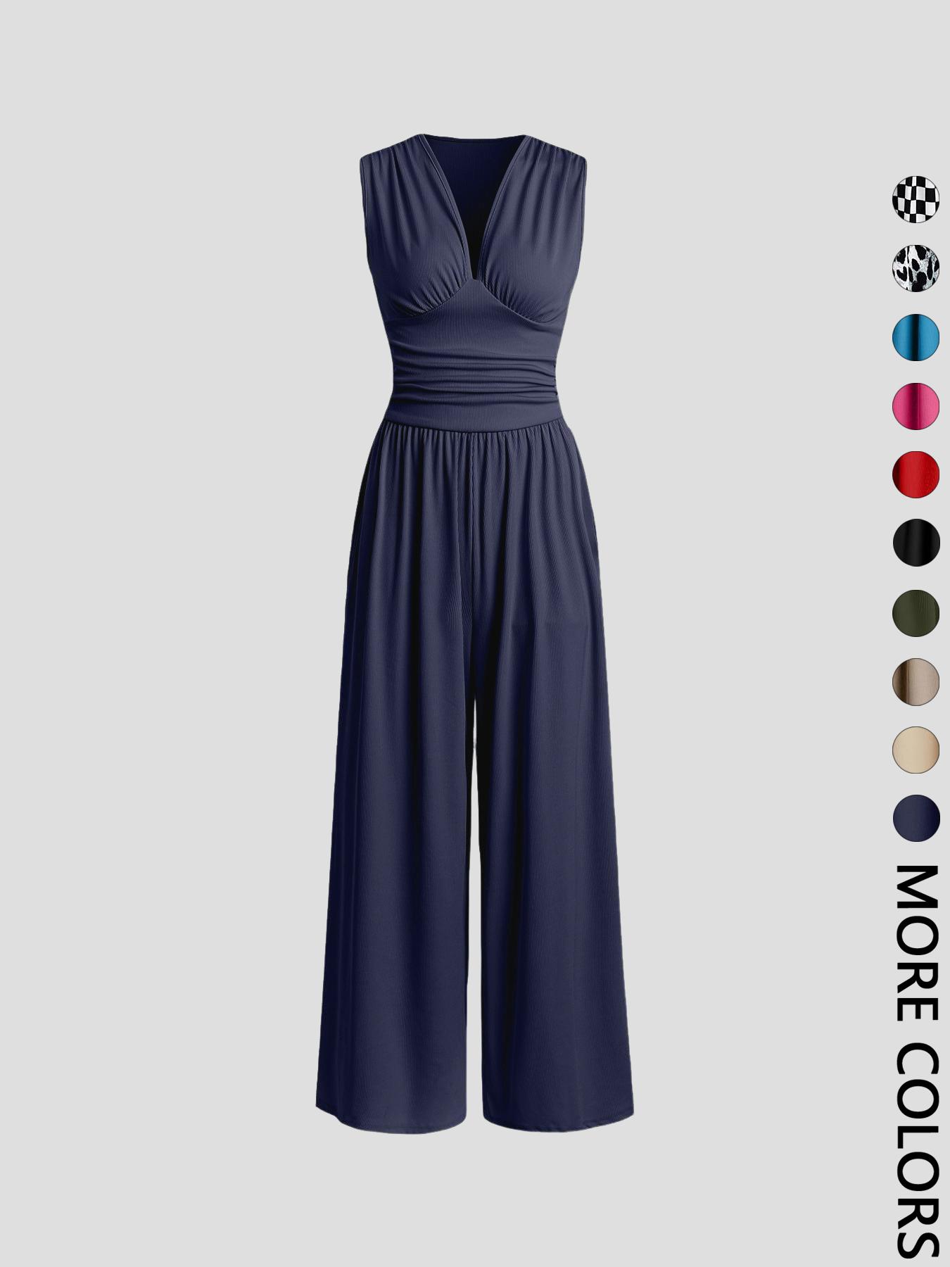 Women's Plain Ruched Deep V Neck Ribbed Fitted Jumpsuit, Elegant Sleeveless Wide Leg Jumpsuit for Summer, Ladies Clothes for Beach Holiday Vacation