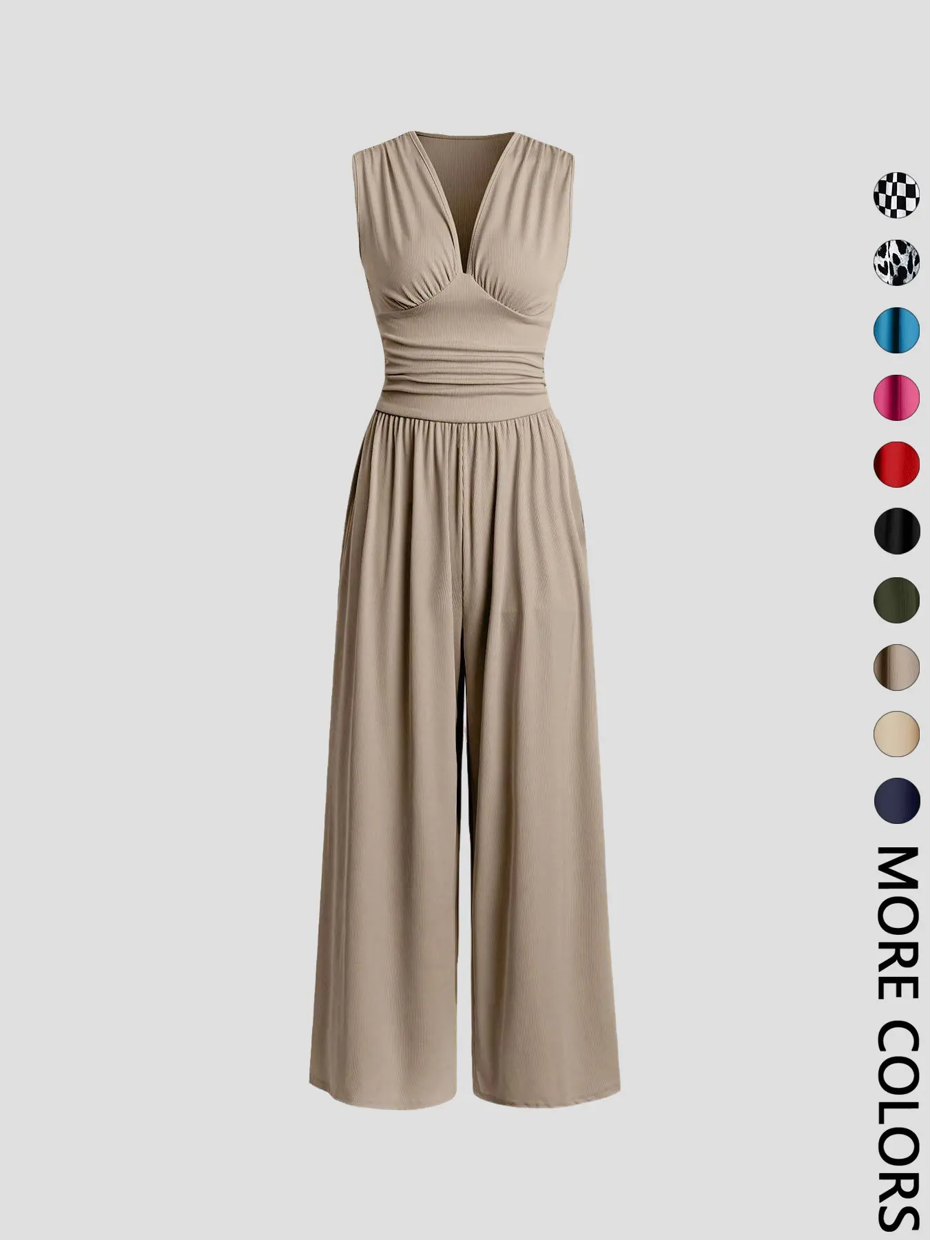 Women's Plain Ruched Deep V-Neck Ribbed Fitted Jumpsuit, Elegant Sleeveless Wide Leg Jumpsuit for Summer