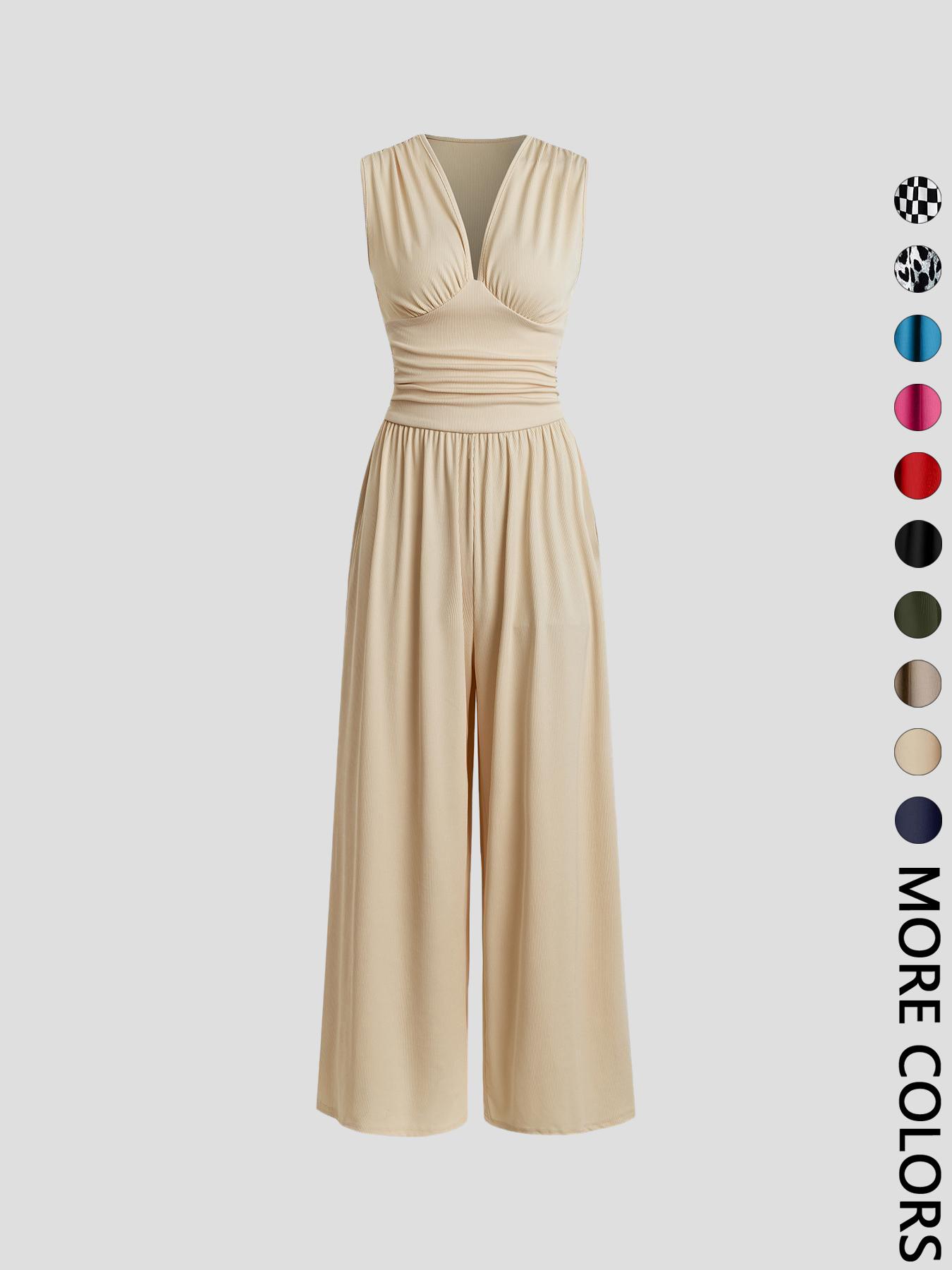 Women's Plain Ruched Deep V Neck Ribbed Fitted Jumpsuit, Elegant Sleeveless Wide Leg Jumpsuit for Summer, Ladies Clothes for Beach Holiday Vacation