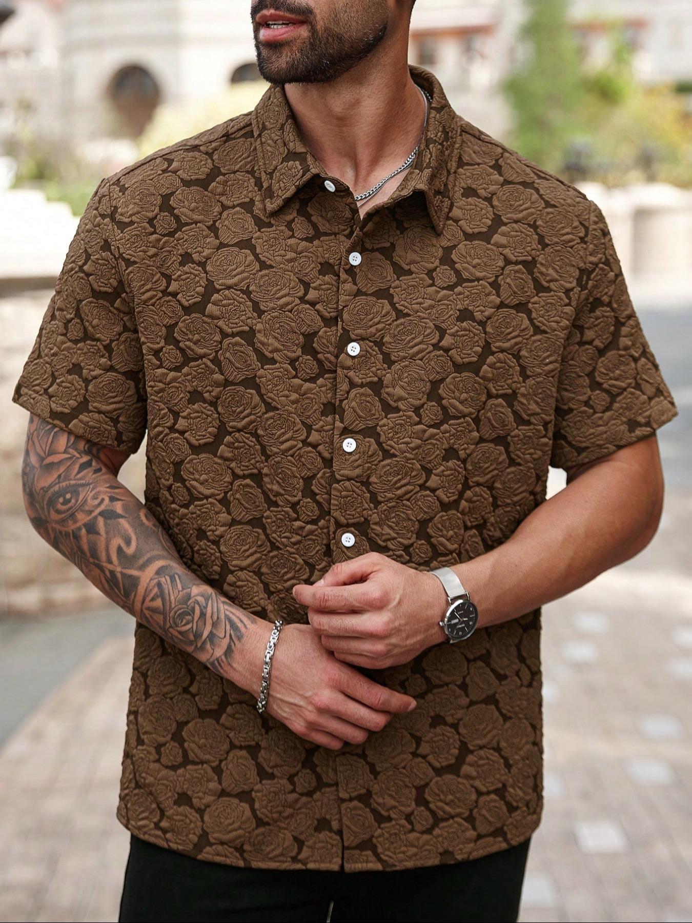 Men's Loose Rose Print Short Sleeve Shirt, Soft Comfy Button Front Collared Top for Summer, Men's Clothes for Daily Wear, Casual Menswear
