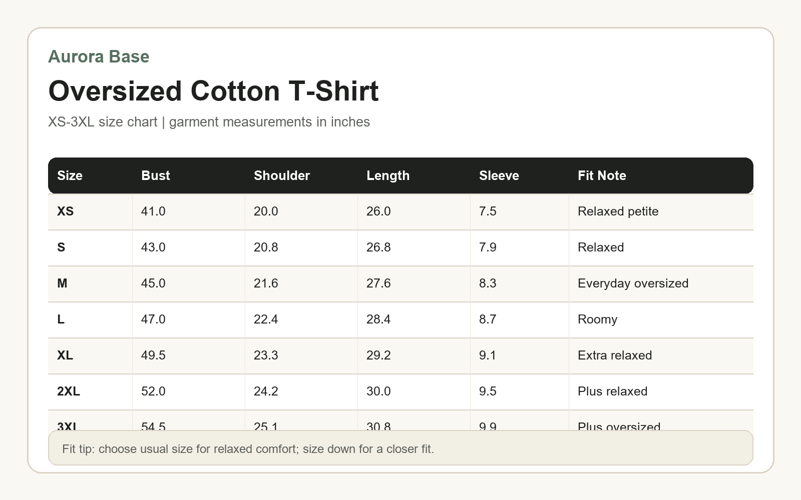 Women's oversized cotton t-shirt XS-3XL size chart