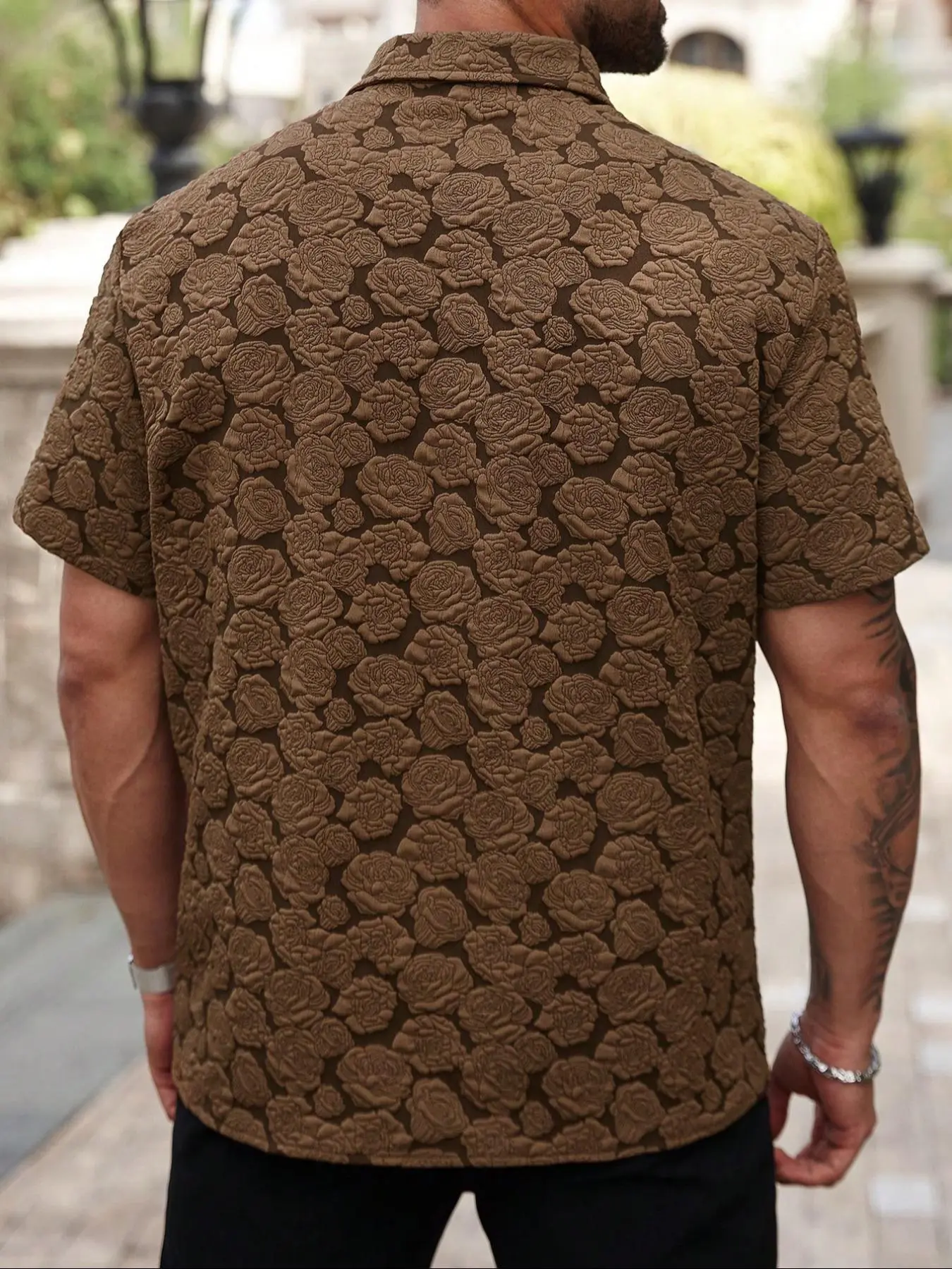 Men's Loose Rose Print Short Sleeve Shirt, Soft Comfy Button Front Collared Top for Summer