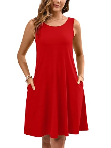 Women's Summer Dresses Sleeveless Casual Fashion Loose Swing Button Down Beach Dress with Pockets P06-red