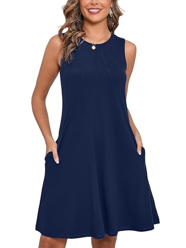 Women's Summer Dresses Sleeveless Casual Fashion Loose Swing Button Down Beach Dress with Pockets G05-navy Blue