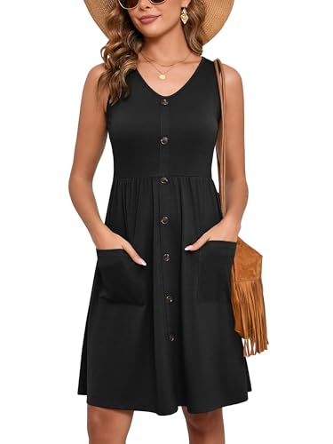 Women's Summer Dresses Sleeveless Casual Fashion Loose Swing Button Down Beach Dress with Pockets L01-black