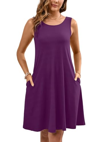 Women's Summer Dresses Sleeveless Casual Fashion Loose Swing Button Down Beach Dress with Pockets P05-violet