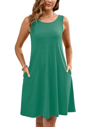 Women's Summer Dresses Sleeveless Casual Fashion Loose Swing Button Down Beach Dress with Pockets P07-malachite Green