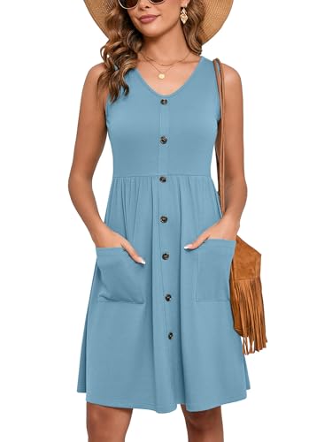 Women's Summer Dresses Sleeveless Casual Fashion Loose Swing Button Down Beach Dress with Pockets L11-rackley Blue